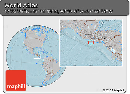 Gray Location Map of the Area around 13° 13' 56" N, 90° 1' 30" W, hill shading