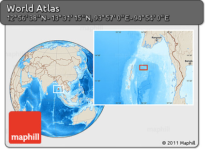 Shaded Relief Location Map of the Area around 13° 13' 56" N, 94° 25' 30" E