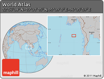 Gray Location Map of the Area around 13° 13' 56" N, 96° 7' 30" E