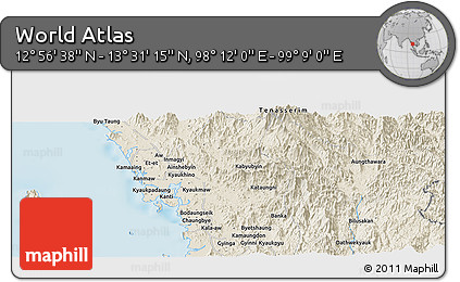 Shaded Relief Panoramic Map of the Area around 13° 13' 56" N, 98° 40' 30" E