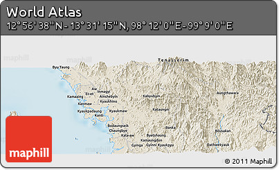 Shaded Relief Panoramic Map of the Area around 13° 13' 56" N, 98° 40' 30" E