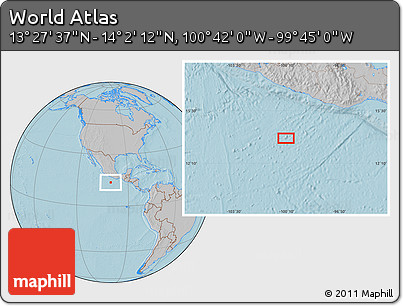 Gray Location Map of the Area around 13° 44' 54" N, 100° 13' 29" W, hill shading