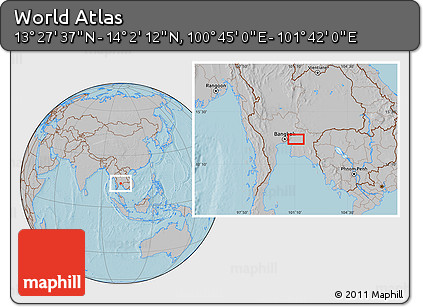 Gray Location Map of the Area around 13° 44' 54" N, 101° 13' 29" E, hill shading