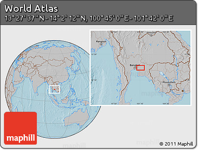 Gray Location Map of the Area around 13° 44' 54" N, 101° 13' 29" E, hill shading