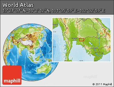 Physical Location Map of the Area around 13° 44' 54" N, 102° 4' 29" E