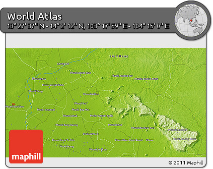 Physical 3D Map of the Area around 13° 44' 54" N, 103° 46' 30" E