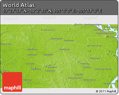 Physical 3D Map of the Area around 13° 44' 54" N, 105° 28' 29" E