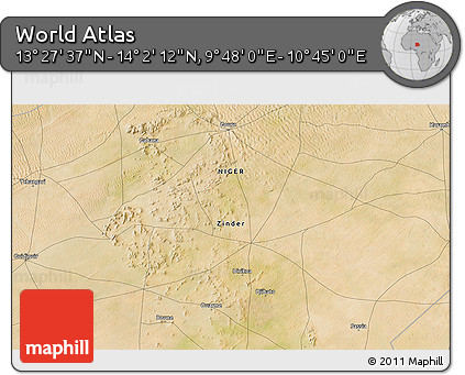 Satellite 3D Map of the Area around 13° 44' 54" N, 10° 16' 30" E