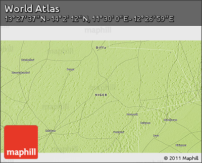 Physical 3D Map of the Area around 13° 44' 54" N, 11° 58' 29" E