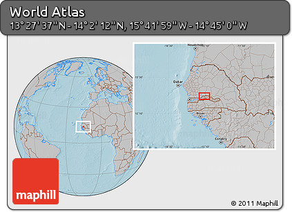 Gray Location Map of the Area around 13° 44' 54" N, 15° 13' 29" W, hill shading