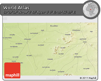 Physical 3D Map of the Area around 13° 44' 54" N, 20° 28' 30" E