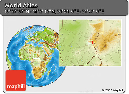 Physical Location Map of the Area around 13° 44' 54" N, 21° 19' 30" E