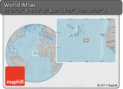Gray Location Map of the Area around 13° 44' 54" N, 21° 10' 29" W, hill shading