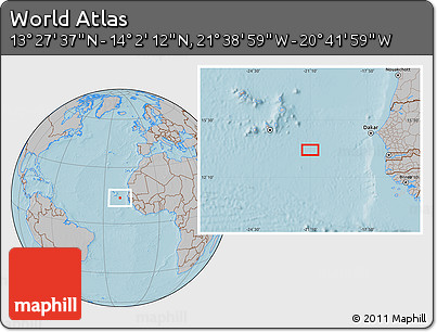 Gray Location Map of the Area around 13° 44' 54" N, 21° 10' 29" W, hill shading