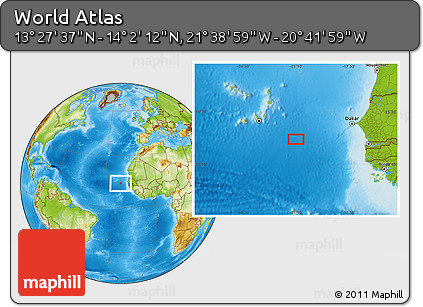 Physical Location Map of the Area around 13° 44' 54" N, 21° 10' 29" W