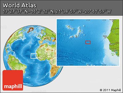 Physical Location Map of the Area around 13° 44' 54" N, 21° 10' 29" W