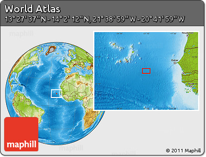 Physical Location Map of the Area around 13° 44' 54" N, 21° 10' 29" W