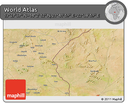 Satellite 3D Map of the Area around 13° 44' 54" N, 22° 10' 29" E