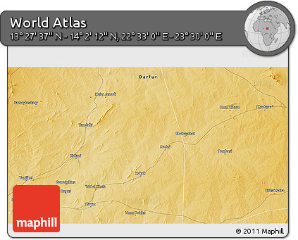 Physical 3D Map of the Area around 13° 44' 54" N, 23° 1' 29" E