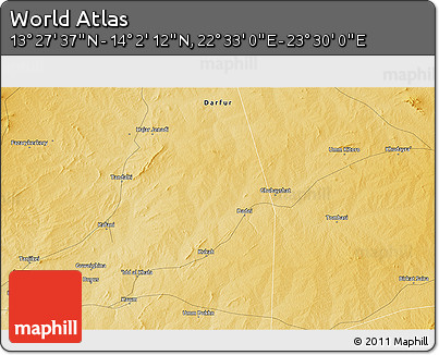 Physical 3D Map of the Area around 13° 44' 54" N, 23° 1' 29" E