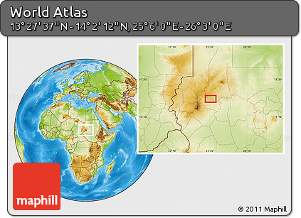 Physical Location Map of the Area around 13° 44' 54" N, 25° 34' 30" E