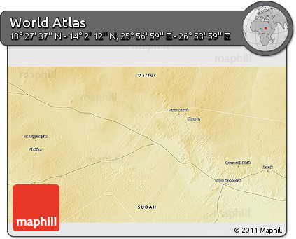 Physical 3D Map of the Area around 13° 44' 54" N, 26° 25' 29" E