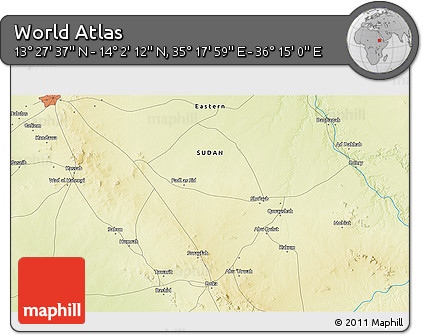 Physical 3D Map of the Area around 13° 44' 54" N, 35° 46' 29" E