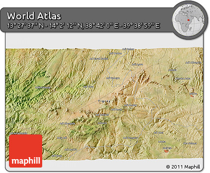 Satellite 3D Map of the Area around 13° 44' 54" N, 39° 10' 29" E