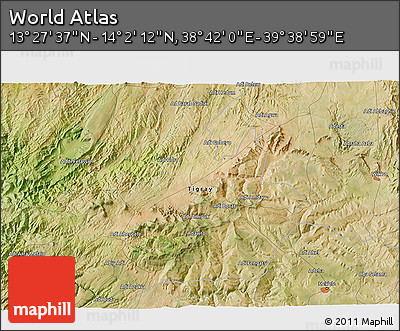 Satellite 3D Map of the Area around 13° 44' 54" N, 39° 10' 29" E