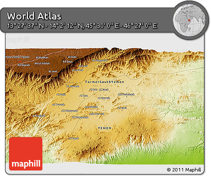 Physical 3D Map of the Area around 13° 44' 54" N, 45° 58' 30" E