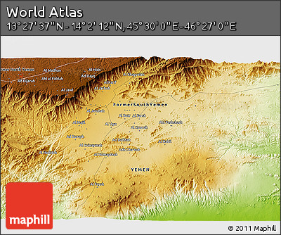 Physical 3D Map of the Area around 13° 44' 54" N, 45° 58' 30" E