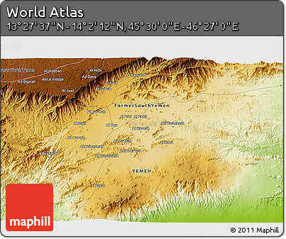 Physical 3D Map of the Area around 13° 44' 54" N, 45° 58' 30" E