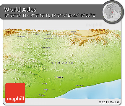 Physical 3D Map of the Area around 13° 44' 54" N, 46° 49' 30" E