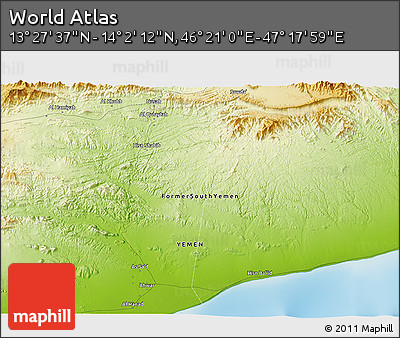 Physical 3D Map of the Area around 13° 44' 54" N, 46° 49' 30" E
