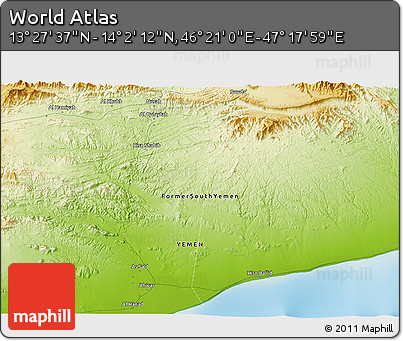 Physical 3D Map of the Area around 13° 44' 54" N, 46° 49' 30" E