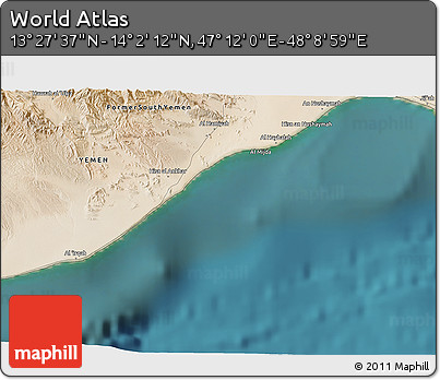 Satellite 3D Map of the Area around 13° 44' 54" N, 47° 40' 29" E