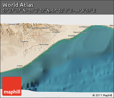 Satellite 3D Map of the Area around 13° 44' 54" N, 47° 40' 29" E