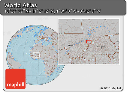 Gray Location Map of the Area around 13° 44' 54" N, 4° 10' 30" W, hill shading