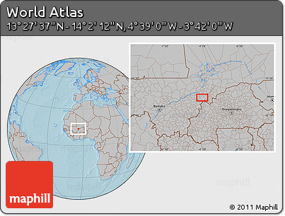 Gray Location Map of the Area around 13° 44' 54" N, 4° 10' 30" W, hill shading