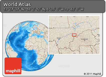 Shaded Relief Location Map of the Area around 13° 44' 54" N, 4° 10' 30" W