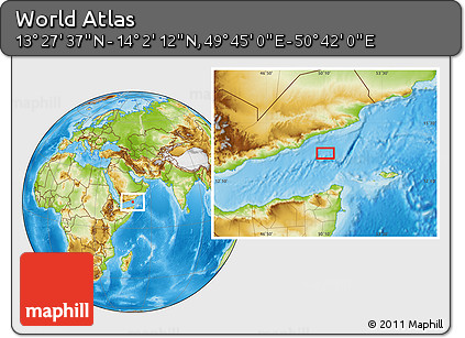 Physical Location Map of the Area around 13° 44' 54" N, 50° 13' 30" E