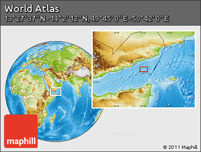 Physical Location Map of the Area around 13° 44' 54" N, 50° 13' 30" E