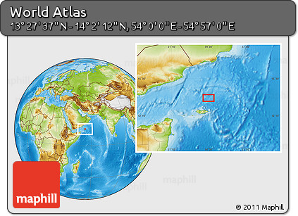 Physical Location Map of the Area around 13° 44' 54" N, 54° 28' 30" E