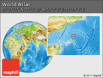 Physical Location Map of the Area around 13° 44' 54" N, 54° 28' 30" E