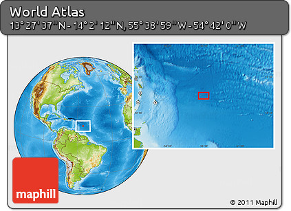 Physical Location Map of the Area around 13° 44' 54" N, 55° 10' 29" W