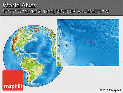 Physical Location Map of the Area around 13° 44' 54" N, 55° 10' 29" W