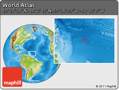 Physical Location Map of the Area around 13° 44' 54" N, 55° 10' 29" W