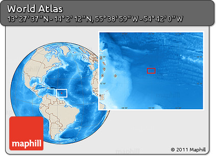 Shaded Relief Location Map of the Area around 13° 44' 54" N, 55° 10' 29" W