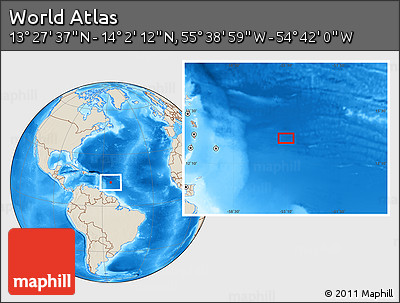 Shaded Relief Location Map of the Area around 13° 44' 54" N, 55° 10' 29" W