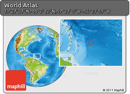Physical Location Map of the Area around 13° 44' 54" N, 56° 52' 30" W